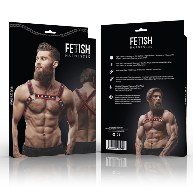 ACTITUD SUMISA FETICHE - ARNÉS DE PECHO BULLDOG DE CUERO ECOLÓGICO PARA HOMBRE NEGRO/ROJO