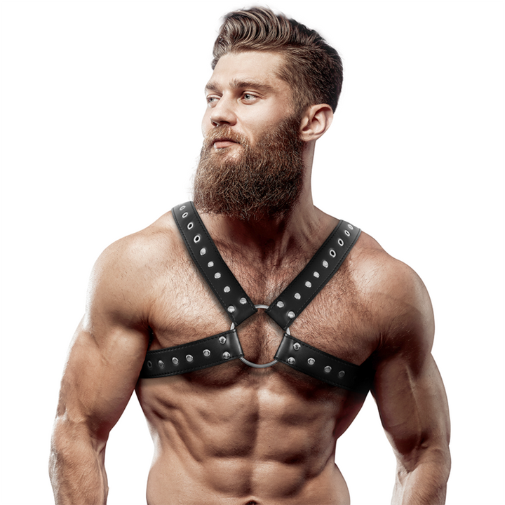 FETISH SUBMISSIVE ATTITUDE - MENS CROSS-OVER ECO-LEATHER CHEST HARNESS WITH STUDS