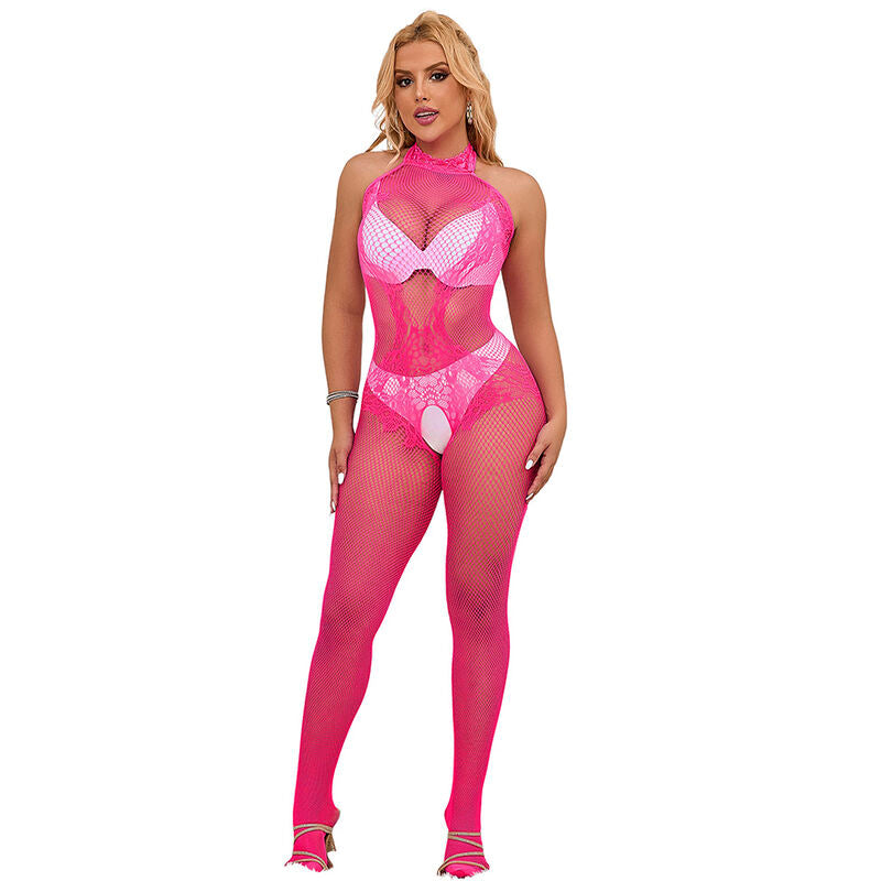 SUBBLIME - 952389 BODYSTOCKING DE RED Y ENCAJE CON CUELLO ALTO ROSA TALLA ÚNICA