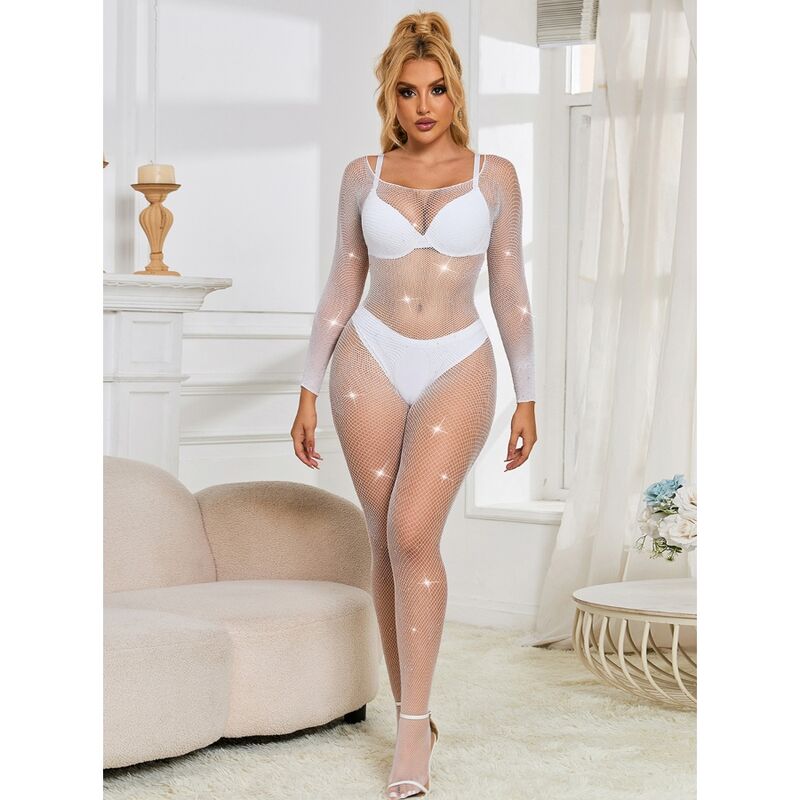 SUBBLIME - 952396 BODYSTOCKING DE RED CON DIAMANTES MANGA LARGA BLANCO TALLA ÚNICA