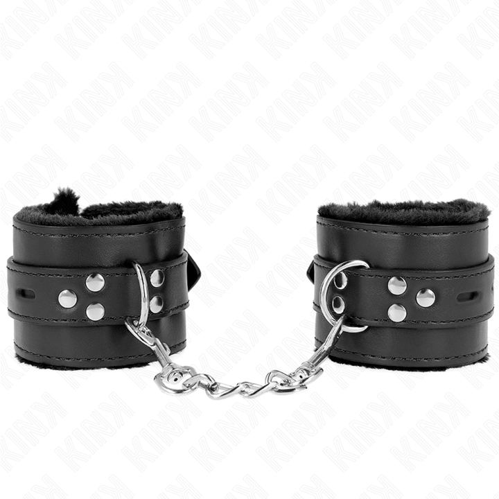 KINK - SUJECIONES DE MUÑECA CON FORRO DE PIEL Y AGUJEROS CUADRADOS NEGROS Y CINTURÓN NEGRO AJUSTABLE 17-29 CM X 6 CM
