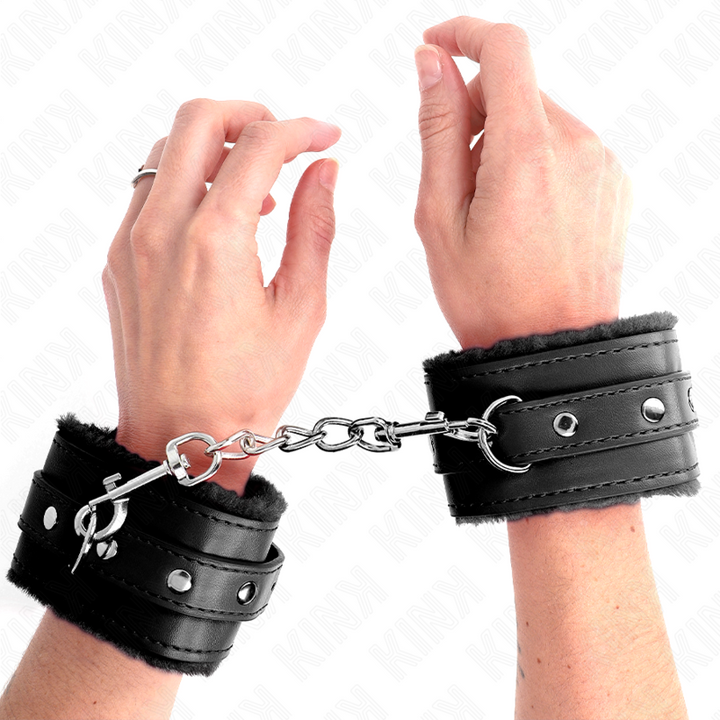 KINK - PREMIUM FUR LINED WRIST RESTRAINTS BLACK WITH BLACK BELT ADJUSTABLE 17-29 CM X 6 CM