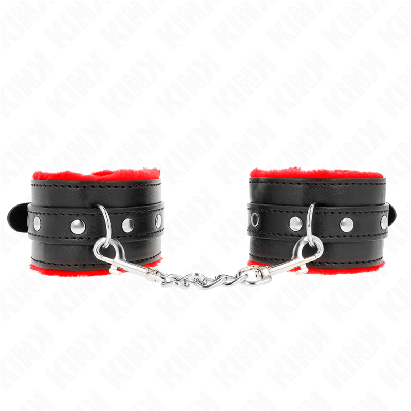KINK - SUJECIONES DE MUÑECA CON FORRO DE PIEL PREMIUM ROJO CON CINTURÓN NEGRO AJUSTABLE 17-29 CM X 6 CM