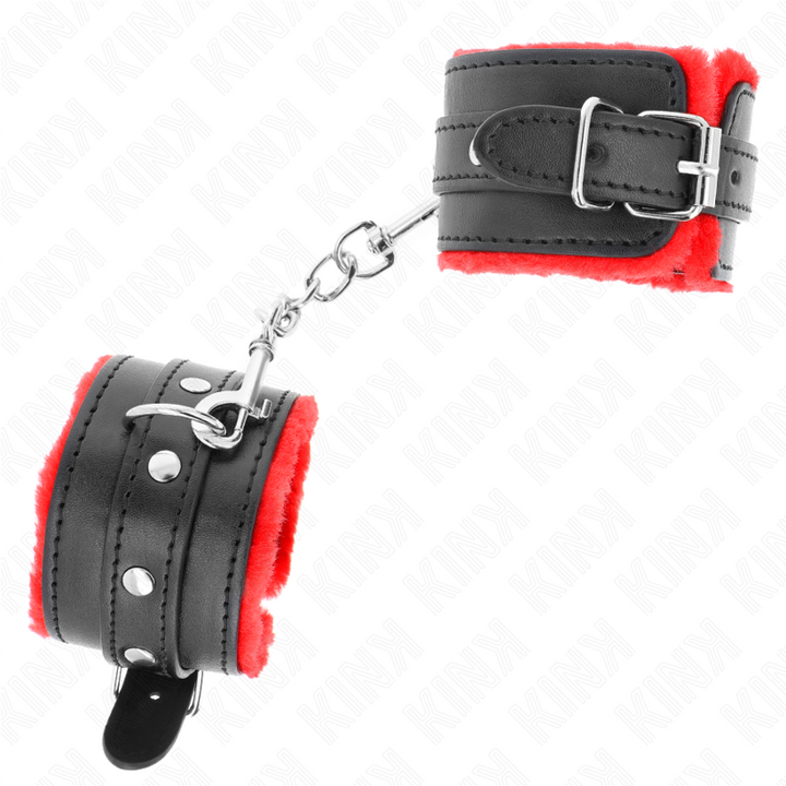 KINK - SUJECIONES DE MUÑECA CON FORRO DE PIEL PREMIUM ROJO CON CINTURÓN NEGRO AJUSTABLE 17-29 CM X 6 CM
