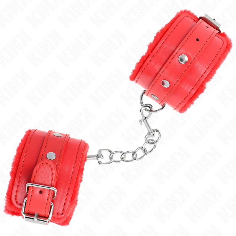 KINK - SUJECIONES DE MUÑECA CON FORRO DE PIEL PREMIUM ROJO CON CINTURÓN ROJO AJUSTABLE 17-29 CM X 6 CM