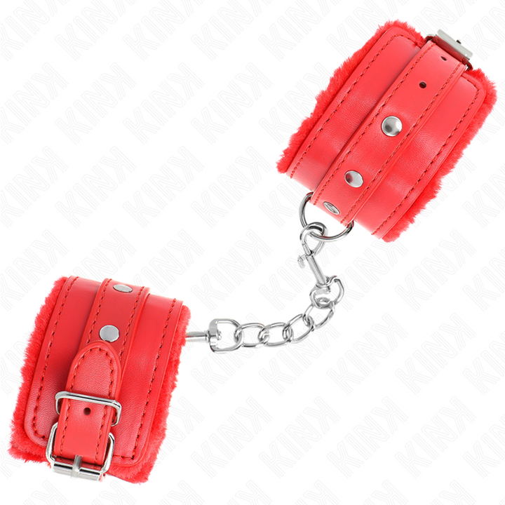 KINK - SUJECIONES DE MUÑECA CON FORRO DE PIEL PREMIUM ROJO CON CINTURÓN ROJO AJUSTABLE 17-29 CM X 6 CM