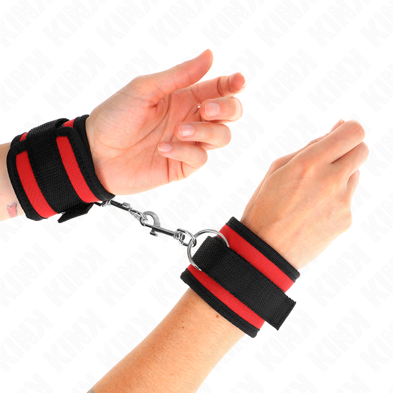 KINK - SUJECIÓN DE MUÑECA CON GANCHO Y BUCLE DE NYLON ROJO-NEGRO MODELO 2 AJUSTABLE 18-35 CM X 6 CM