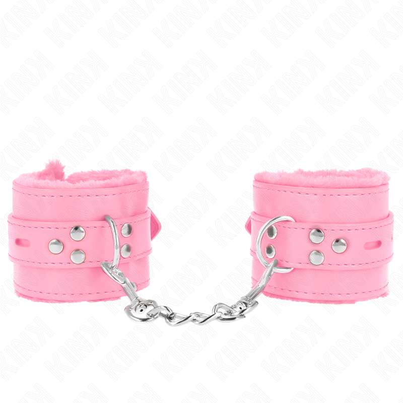 KINK - SUJECIONES DE MUÑECA CON FORRO DE PIEL Y AGUJEROS CUADRADOS ROSA Y CINTURÓN ROSA AJUSTABLE 17-29 CM X 6 CM