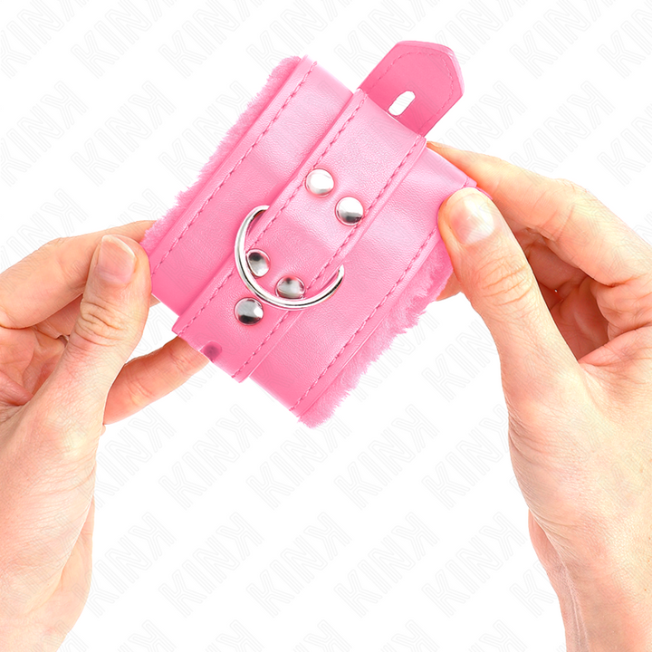 KINK - SUJECIONES DE MUÑECA CON FORRO DE PIEL Y AGUJEROS CUADRADOS ROSA Y CINTURÓN ROSA AJUSTABLE 17-29 CM X 6 CM
