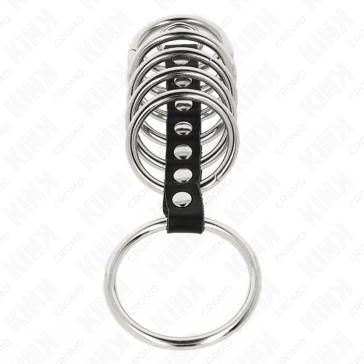KINK - 7 ANILLOS METÁLICOS PARA EL PENE DE 3,2 CM A 5 CM CONECTADOS POR CUERO