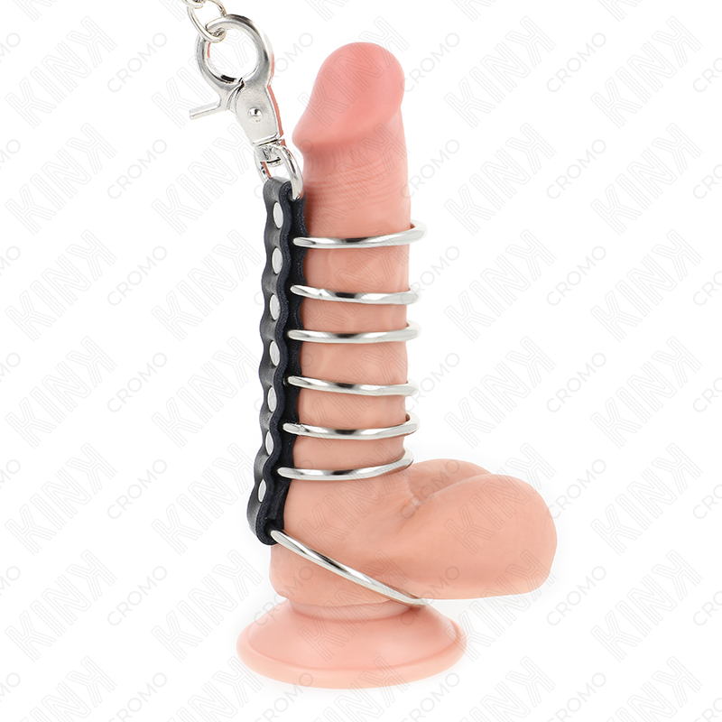 KINK - 7 ANILLOS METÁLICOS PARA EL PENE DE 3,8 CM A 5 CM CONECTADOS CON CUERO Y CADENA METÁLICA DE 100 CM