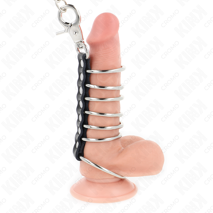 KINK - 7 ANILLOS METÁLICOS PARA EL PENE DE 3,8 CM A 5 CM CONECTADOS CON CUERO Y CADENA METÁLICA DE 100 CM