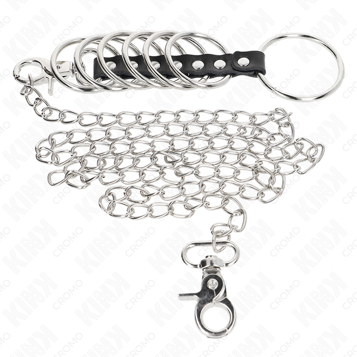 KINK - 7 ANILLOS METÁLICOS PARA EL PENE DE 3,8 CM A 5 CM CONECTADOS CON CUERO Y CADENA METÁLICA DE 100 CM
