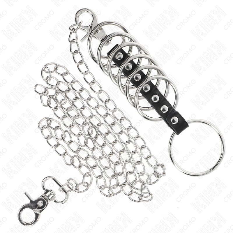 KINK - 7 ANILLOS METÁLICOS PARA EL PENE DE 3,8 CM A 5 CM CONECTADOS CON CUERO Y CADENA METÁLICA DE 100 CM