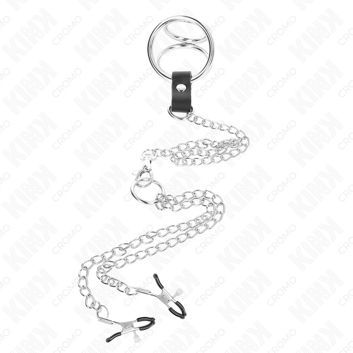 KINK - ANILLO PARA EL PENE DE METAL CROMADO TRIPLE DE 3 CM A 4,5 CM CON CADENA DE METAL DE 26 CM Y PINZAS PARA PEZONES