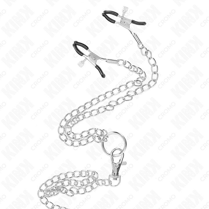 KINK - ANILLO PARA EL PENE DE METAL CROMADO TRIPLE DE 3 CM A 4,5 CM CON CADENA DE METAL DE 26 CM Y PINZAS PARA PEZONES