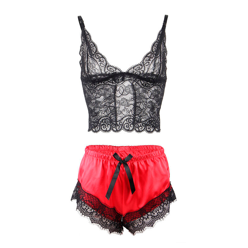 SUBBLIME - 953966 CAMISÓN CASUAL DE SEDA + PANTALÓN DE ENCAJE NEGRO/ROJO L/XL