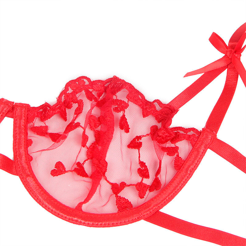 SUBBLIME - 954321 SUJETADOR + TANGA + LIGUERO ESTAMPADO CORAZONES ROJO S/M