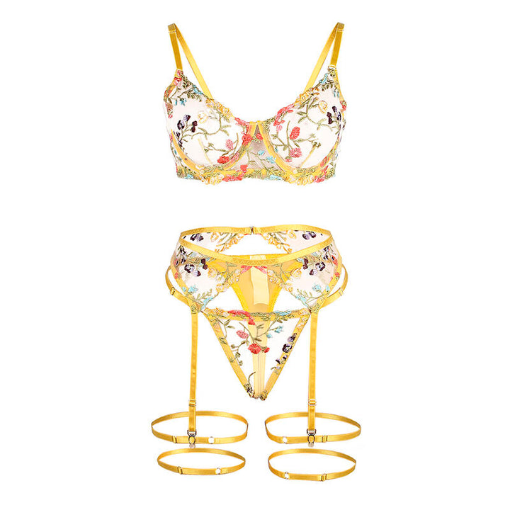 SUBBLIME - 954352 SUJETADOR + TANGA + LIGUERO DISEÑO FLORAL AMARILLO L/XL