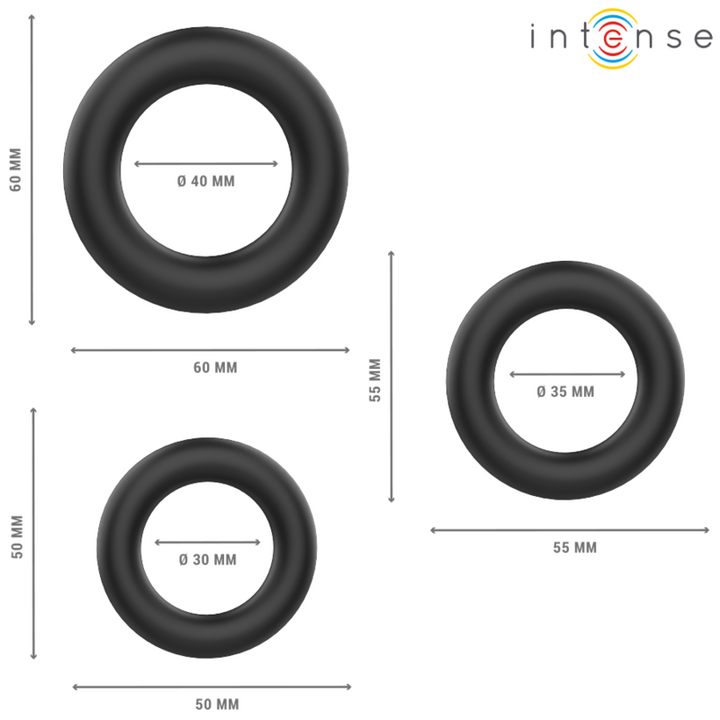 INTENSE - HUGH 3 ANILLOS BÁSICOS DE SILICONA PARA EL PENE NEGROS