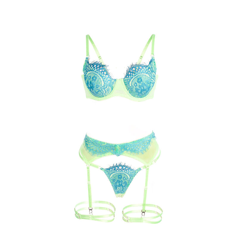 SUBBLIME - 955311 CONJUNTO DE SUJETADOR CON ENCAJE Y LIGUERO VERDE Y AZUL S/M