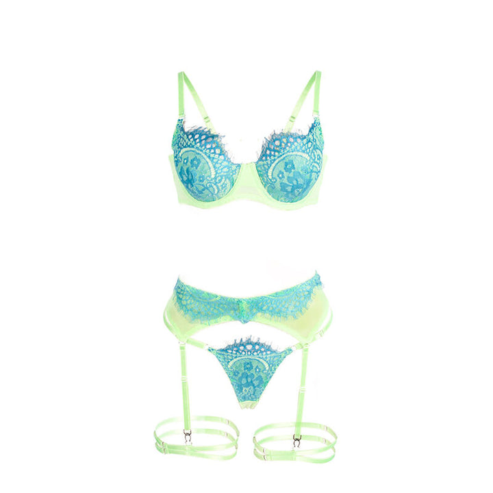 SUBBLIME - 955311 CONJUNTO DE SUJETADOR CON ENCAJE Y LIGUERO VERDE Y AZUL S/M