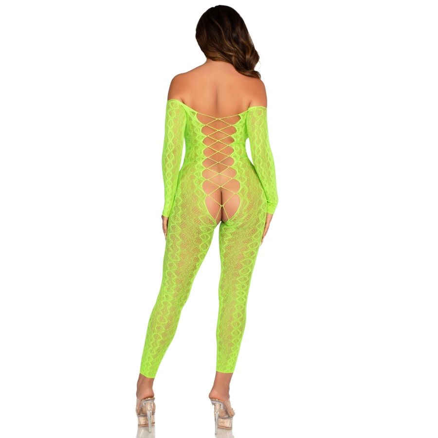 LEG AVENUE - BODYSTOCKING SIN ENTREPIERNA CON ENCAJE DE SERPIENTE EXÓTICO VERDE NEÓN