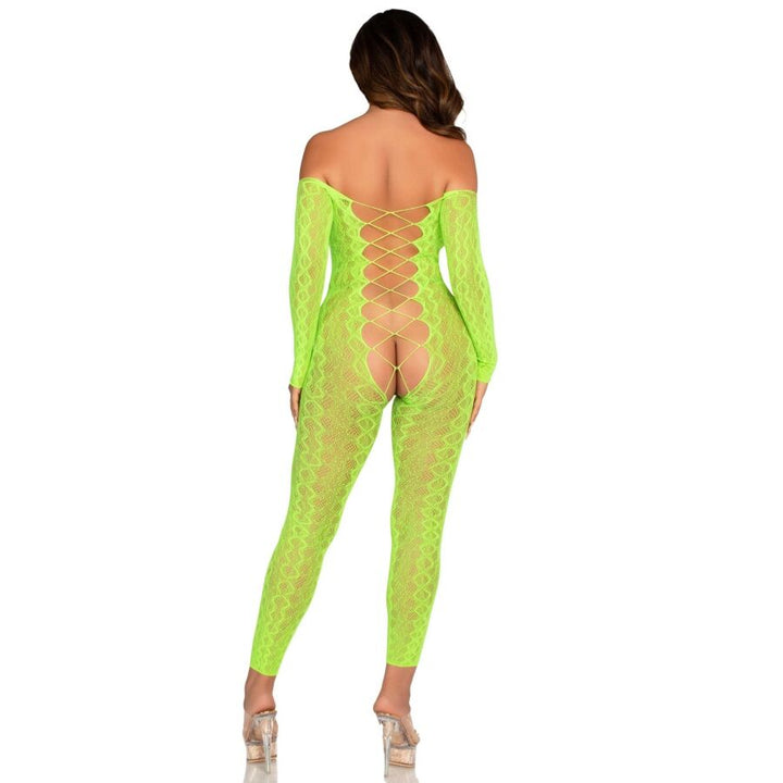 LEG AVENUE - BODYSTOCKING SIN ENTREPIERNA CON ENCAJE DE SERPIENTE EXÓTICO VERDE NEÓN