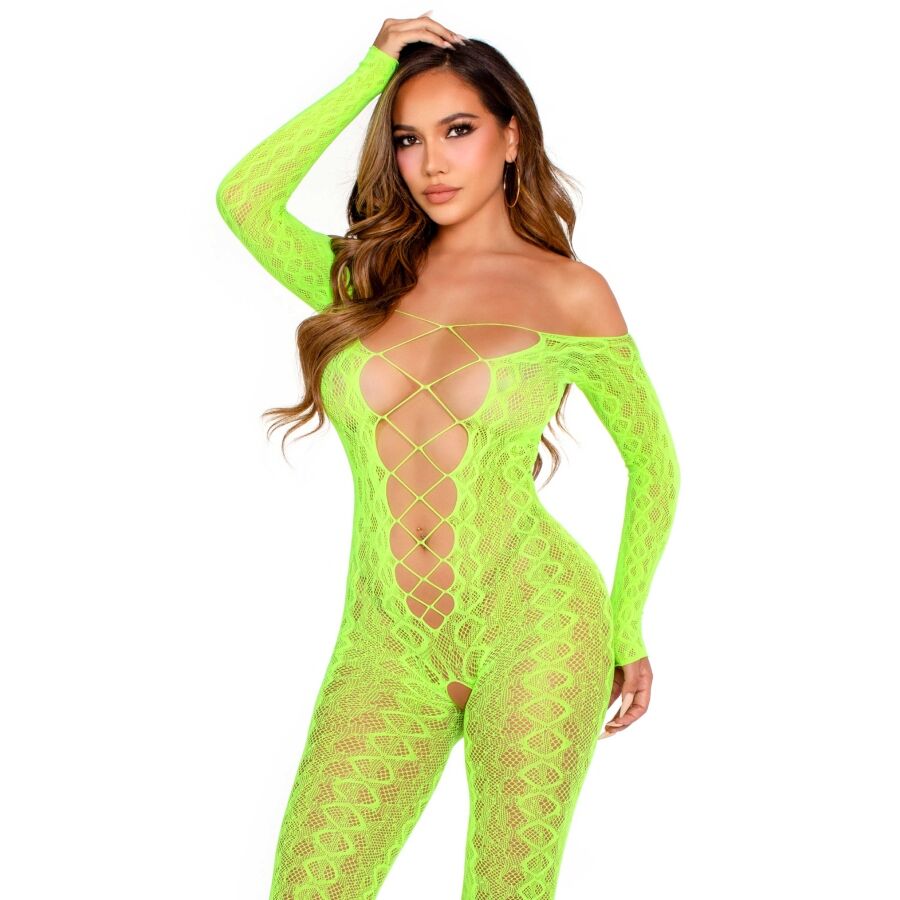 LEG AVENUE - BODYSTOCKING SIN ENTREPIERNA CON ENCAJE DE SERPIENTE EXÓTICO VERDE NEÓN
