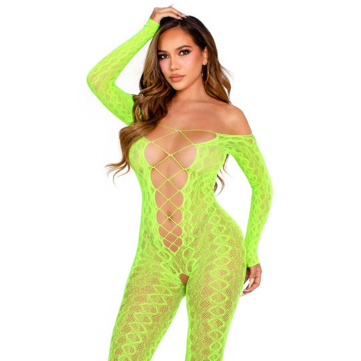 LEG AVENUE - BODYSTOCKING SIN ENTREPIERNA CON ENCAJE DE SERPIENTE EXÓTICO VERDE NEÓN