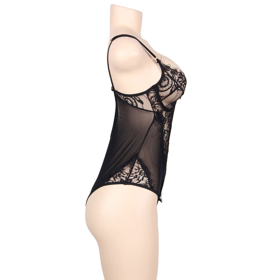SUBBLIME - TEDDY NEGRO CON ENCAJE FLORAL Y FLECOS QUEEN PLUS