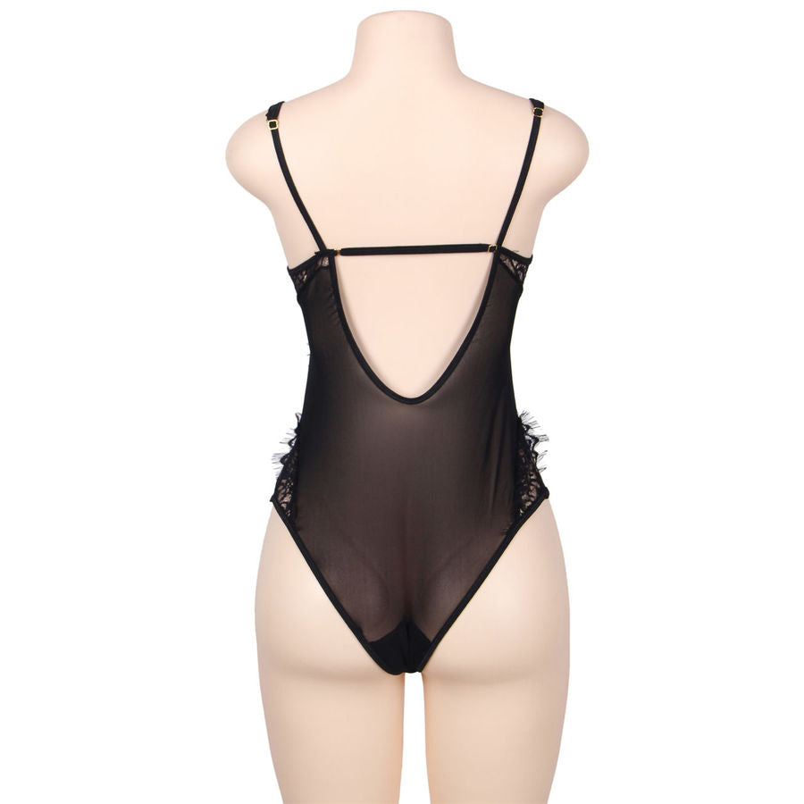 SUBBLIME - TEDDY NEGRO CON ENCAJE FLORAL Y FLECOS QUEEN PLUS